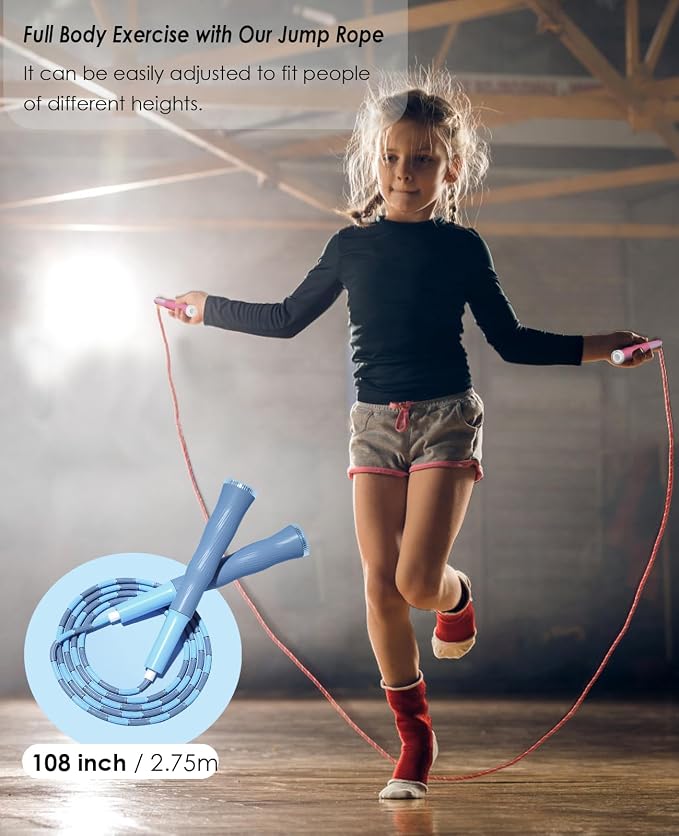 2 Pack Beaded Jump Rope for Kids, Upgraded Segmented Jumping Rope for Workout, Adjustable Skipping Rope Speed Rope for Men & Women, Tangle-Free Kids Jump Rope with Soft Non-slip Handles