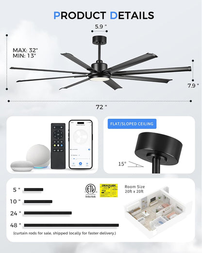 72 Inch Ceiling Fan With Light,Industrial Ceiling Fan With 8 Aluminium Metal Blades,Smart Fan Work with Alexa,Garage Indoor/Outdoor Fan For Living Room and Patio,CF04BK-72