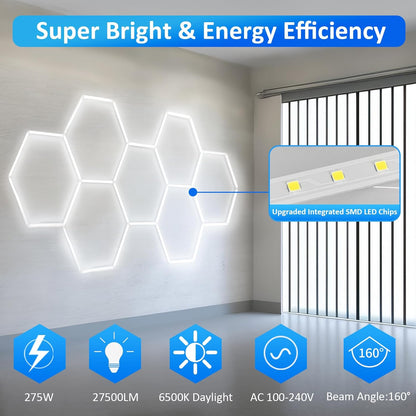 tewei Hexagon LED Garage Light, 7 Grids Hexagon Car Detailing Lighting Fixture 6500K Daylight White LED Shop Light, 275W, 27500LM Super Bright Ceiling Lights for Workshop, Warehouse, Gym, Basement