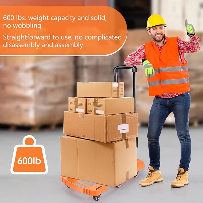 Voipvvii Folding Hand Truck500lbs, Portable Heavy Duty Dolly Cart, 6 Wheels Collapsible Luggage Cart with 2 Elastic Ropes - Compact Trolley Cart for Easy Moving - Ideal Hand Cart for Travel and More
