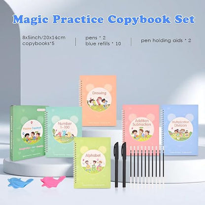 Magic Grooved Writing Practice for Kids Ages 3-8|Reusable Tracing Workbook|Magic Copybook Set with Disappearing Ink Pens for Preschool Learning