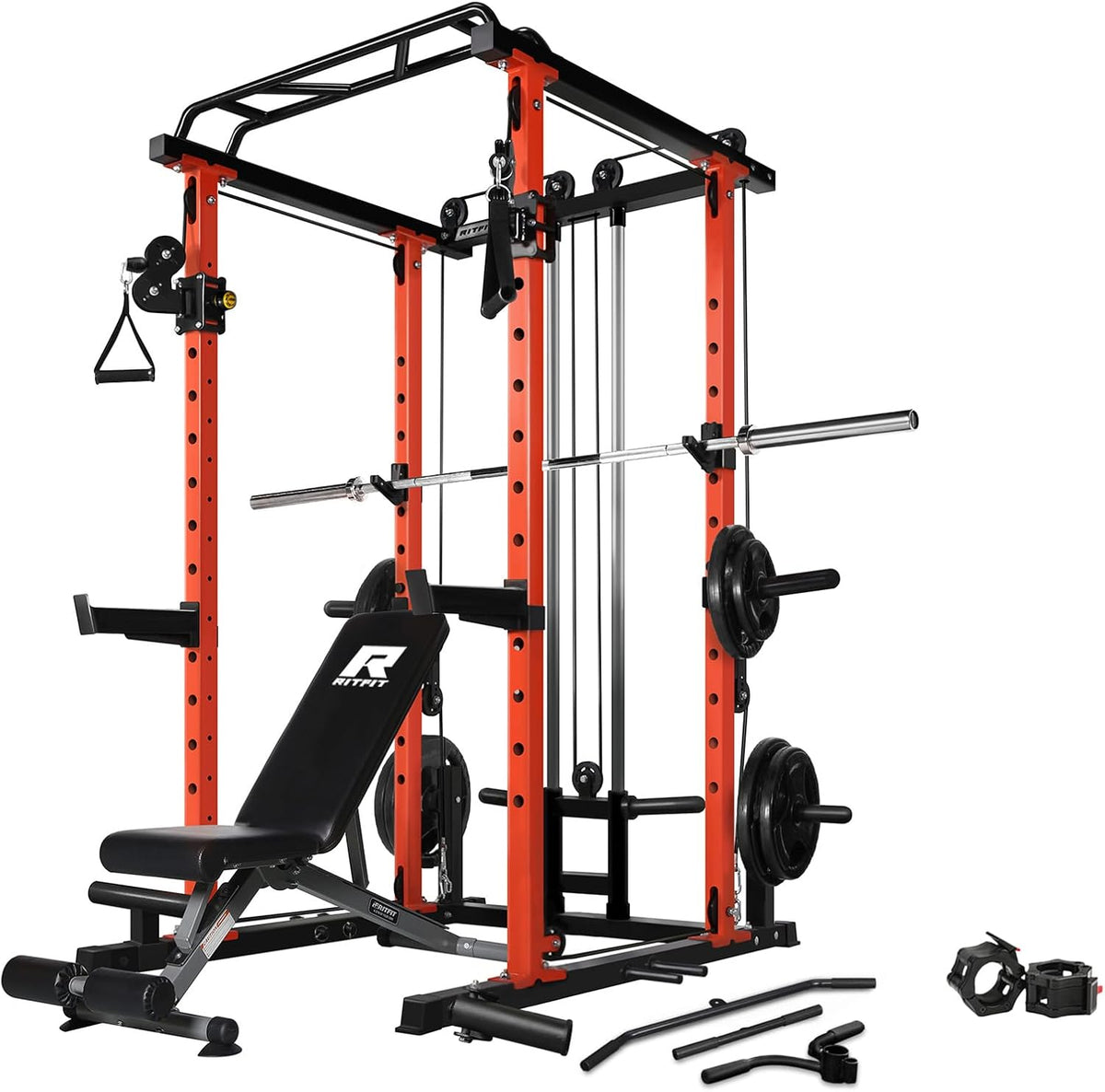 RitFit Multi-Function Squat Rack Power Cage PPC03 with Cable Crossover System, 1000LBS Capacity Power Rack and Packages with Optional Weight Bench, Barbell Weight Set, for Garage Workout & Home Gym