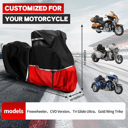 420D Trike Motorcycle Cover Suitable for freewheeler, Tri Glide, and CVO Version All Weather Protection Waterproof Motorcycle Cover Easy to Clean Tear-Resistant Suitable for Outdoor Protection