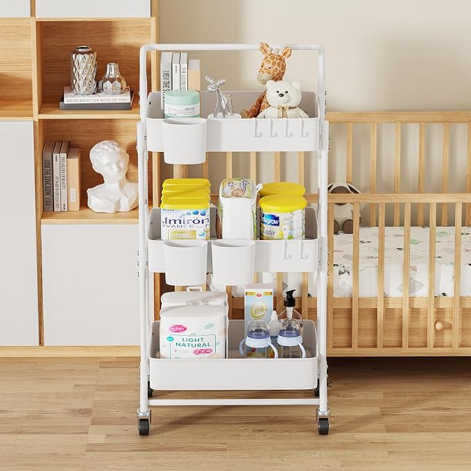 3-Tier Folding Rolling Utility Cart with Wheels, Foldable Storage Cart Organizer with 3 Hanging Cups & 6 Hooks for Kitchen, Office, Living Room, Nursery(White)