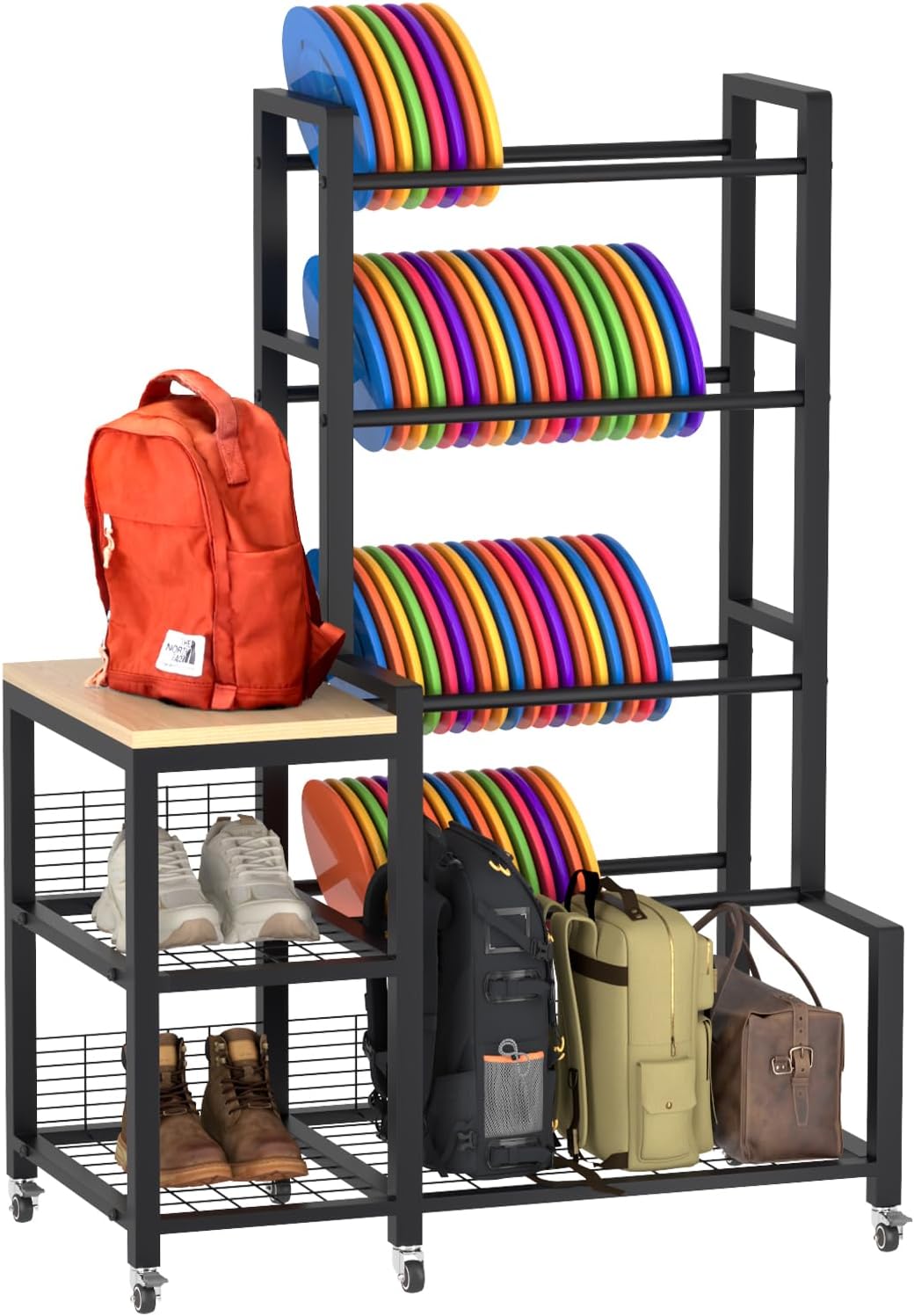 Disc Golf Storage Rack with Wheels – Heavy Duty Metal Disc Golf Rack for Discs, Backpacks & Accessories – Ideal for Garage, Home, or Store Display
