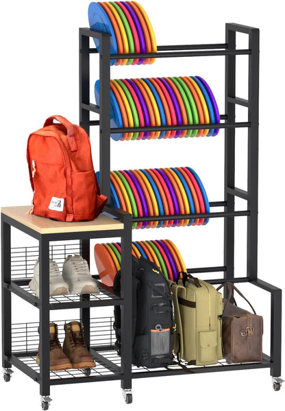 Disc Golf Storage Rack with Wheels – Heavy Duty Metal Disc Golf Rack for Discs, Backpacks & Accessories – Ideal for Garage, Home, or Store Display