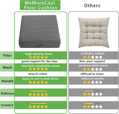 MeMoreCool Square Floor Pillow for Adults and Kids, Large Meditation Cushion with Thick Foam and Washable Tufted Cover, 24-Inch Grey Seat for Sitting and Yoga