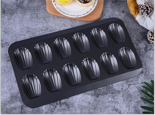 Madeleine Pans for Baking (2-Pack) 12 cup Madlen Mold Makes Shell Shape Cake Cookies Nonstick Carbon Steel Madeline Tray for Oven Black