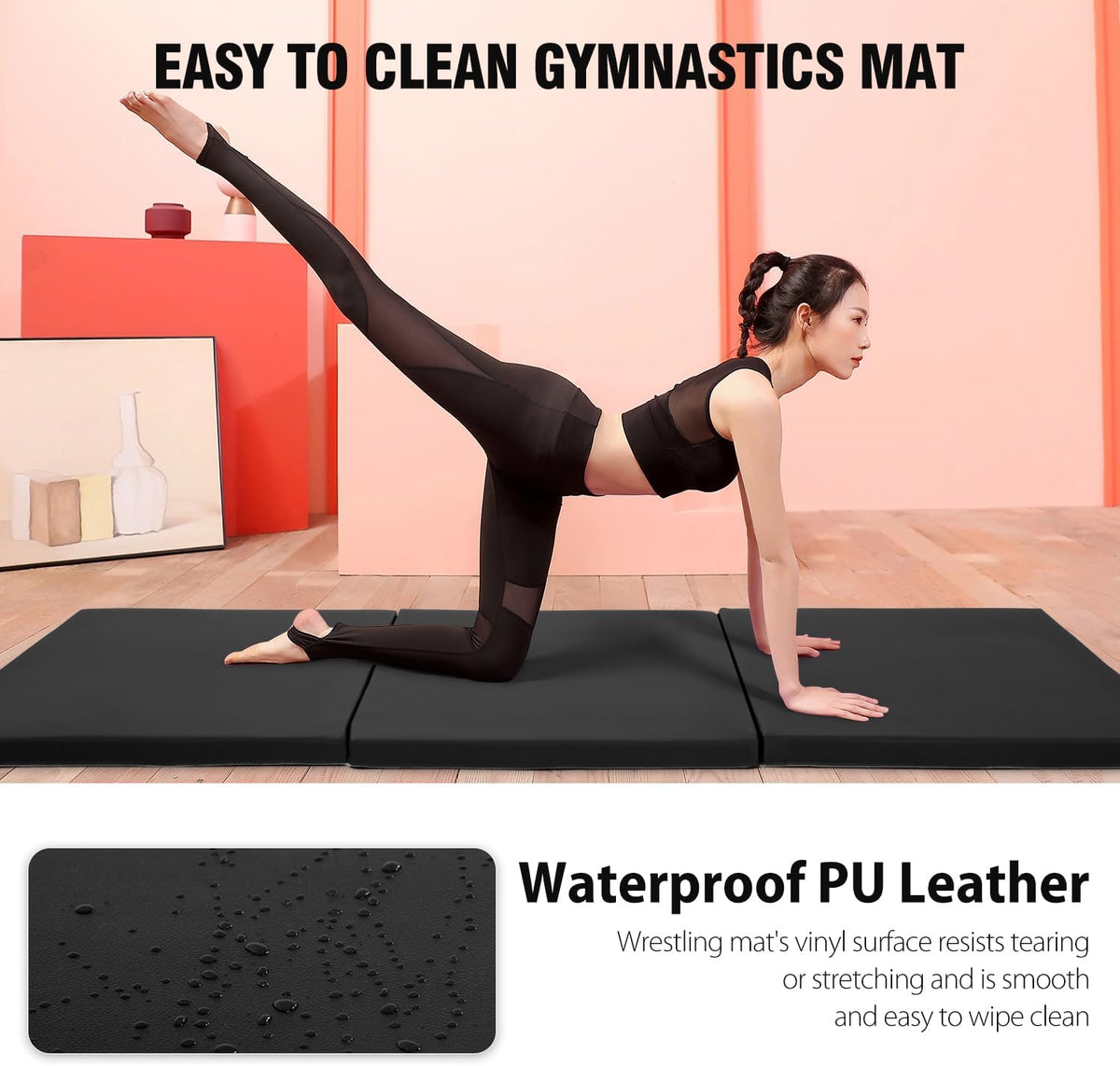 Gymnastics Tumbling Mats Portable Gymnastics Mat Foldable Tumbling Mat 2'x6'/4'x8' PU Leather Exercise Mat Yoga Mat with Carrying Handles for home Workout outdoor Yoga Gymnastics