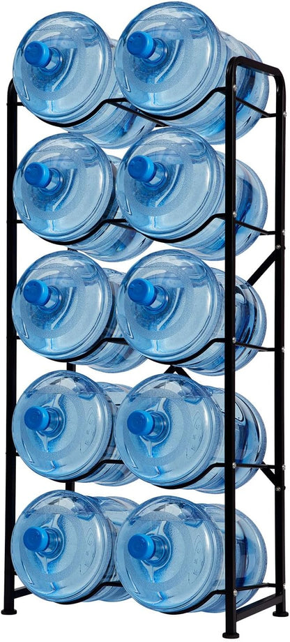 5 Gallon Water Jug Holder, 5-Tier Reinforced Carbon Steel Bottle Storage Rack for 10 Bottles - Cooler Organizer for Office, Family, Garages, Restaurant, Gym. Black