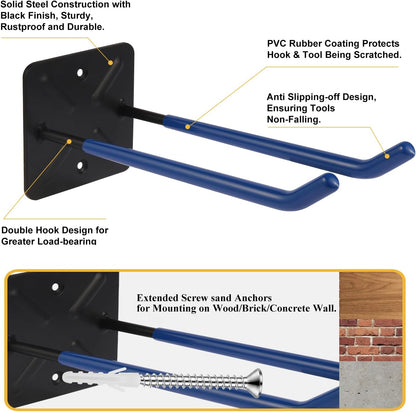 Steel Garage Storage Hooks Wall Tool Organizer, 12.4 Inch Garage Hook Heavy Duty Utility Storage Hangers Blue for Ladders, Chairs, Garden Tools, Set of 4