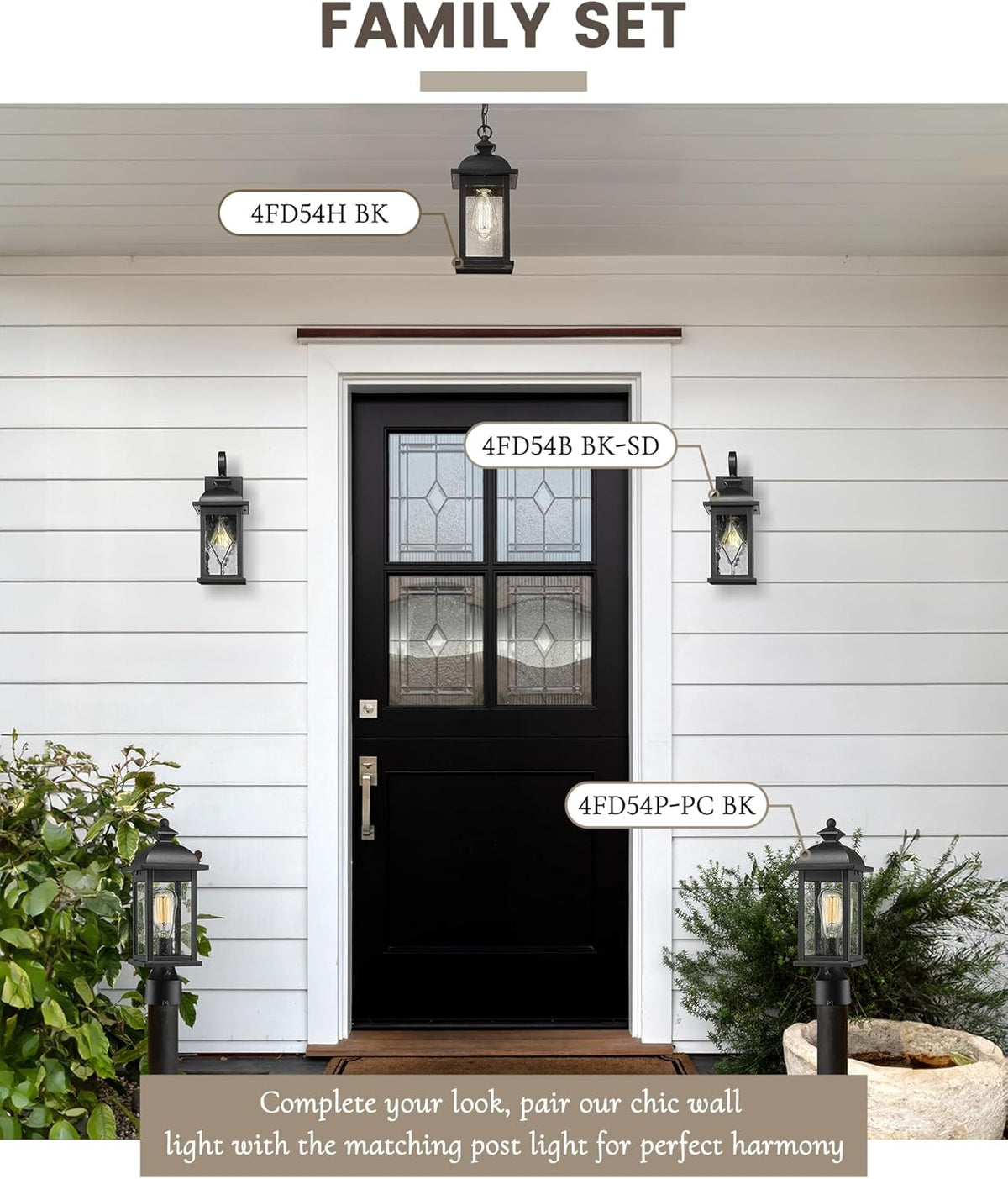 FEMILA 15" Exterior Wall Sconce, 2-Pack Outdoor Waterproof Wall Lights Fixture, Anti-Rust Matte Black Finish with Water Ripple Glass,4FD54B-2PK BK-SD