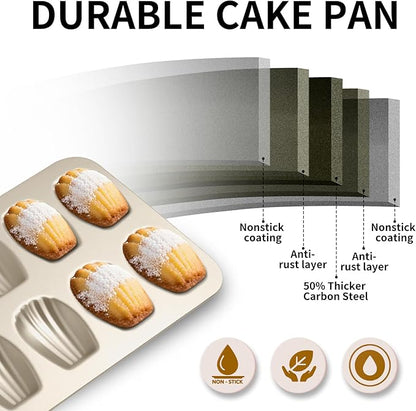 Madeleine Pans Set of 2, Nonstick 12-Cavity Madeleines Mold Cookie Tray for Baking, Heavy Duty Warp Resistant Cute Shell Shape Madeleine Mold Cake Pan-Gold