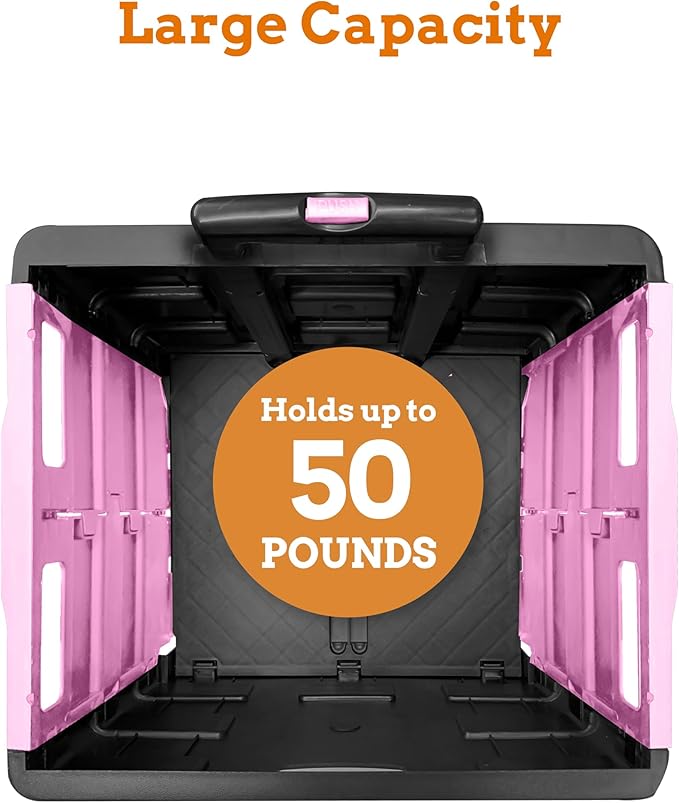 Inspired Living Ultra-Slim Rolling Collapsible Storage Pack-N-Roll Utility-carts, with Telescopic Handle, for Home, Garden, Shopping, Office, School use, Medium, Pink & Black