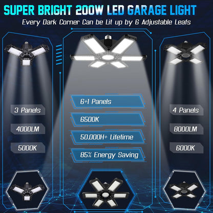 ISKYDRAW Garage Lights Bulb - 6 Pack 200W Garage Lights Ceiling LED 20000LM 6500K Led Shop Light with 6 Deformable Panels, Screw in E26 E27 Socket Basement Lighting for Workshop Barn Attic