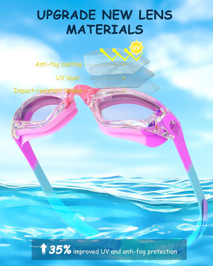 Kids Swim Goggles, Swimming Goggles for Kids Toddlers 3-14 with Swim Cap, Nose Clip, Nose Bridge, Ear Plugs