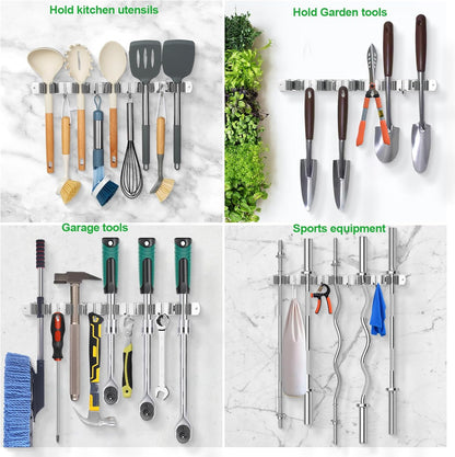 voze 5 Racks and 4 Hooks Mop and Broom Holder Wall Mount, Self Adhesive Heavy Duty Broom Hanger Organizer Storage Tool Racks for Kitchen Garden Laundry Garage