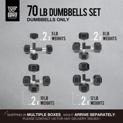 WF Athletic Supply Rubber Encased Hex Dumbbells with Rubber Grip Contoured Handle for Muscle Toning, Strength Building & Full Body Workout