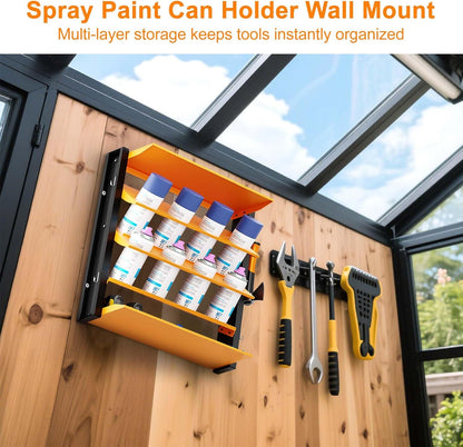 Spray Can Holder, Wall Mount Spray Paint Can Holder, Spray Can Rack with 8 Can Holes & 2 Shelf, Heavy Duty Paint Bottle Organizer for Garage, Home, Shop