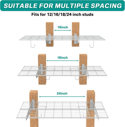 EVERHANGER Wall Mounted Garage Shelves, 2 x 4 ft Metal Storage Shelves, Heavy Duty Wall Shelving with Hooks, Holds Up to 220 Lbs, White