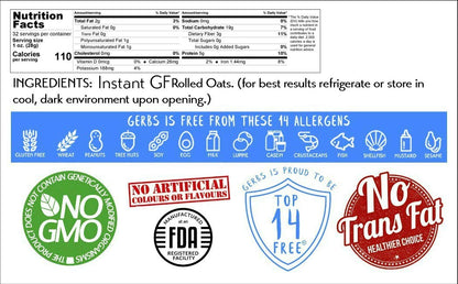 Gerbs Gluten-Free Instant Oats 2 lbs. | Carefully Sourced, Resealable Bag | Smooth & Creamy Texture | Top 14 Allergen-Free