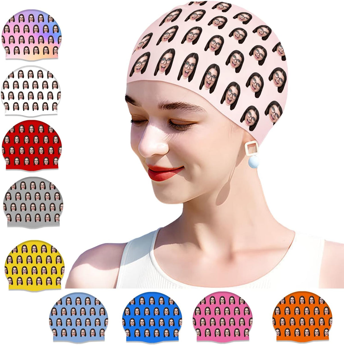 Custom Swim Cap with Photo Personalized Silicone Swim Cap for Men and Women Swimming Customized Swimmers Cap for Short and Medium Length Hair