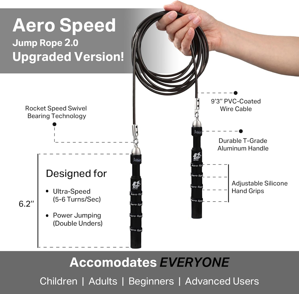 Buddy Lee Aero Speed Jump Rope 2.0 Upgraded Version with Sonic Rocket Speed Swivel Bearing | Tangle-Free & Adjustable Jump Rope for Men & Women - For Fitness, Double-Unders, and Cross-Training