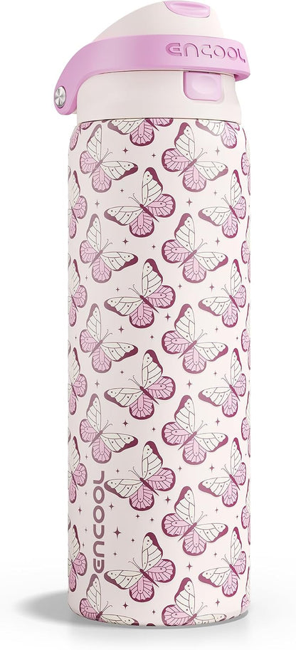 ENCOOL Leakproof Insulated Water Bottle with Straw Dual-Sip Water Bottle Bag-Safe Design for Work, Commute & Gym – Keeps Drinks Cold All Day, 32 oz, Blush Butterfly