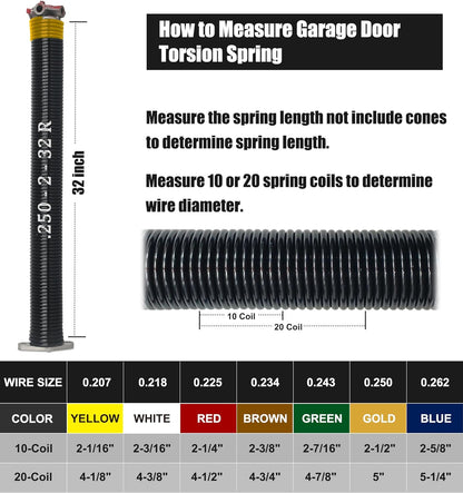 Garage Door Torsion Spring Set, Pair of 2" Electrophoresis Coated Garage Door Spring Replacement with 2 Non-Slip Winding Bars and Bearing, Minimum 16000 Cycles (.250x2x32)