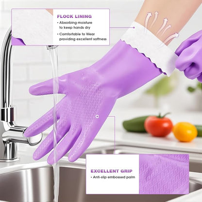 Elgood Reusable Dishwashing Cleaning Gloves with Latex free, Cotton lining,Kitchen Gloves 2 Pairs,Purple+blue Medium
