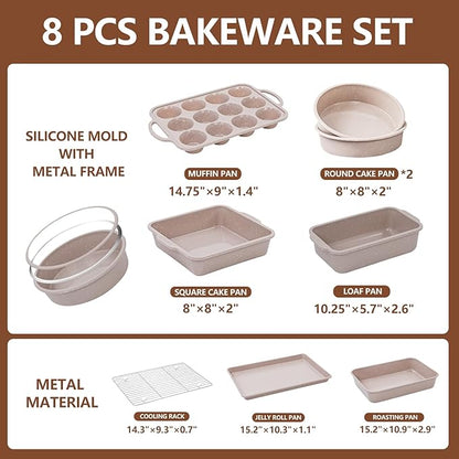 Vinino 8-Piece Baking Pans Set Nonstick, Bakeware Set includes Silicone Muffin, Loaf, Cake Pans with Metal Reinforced Frame, and Carbon Steel Roasting Pan, Cookie Sheet, Cooling rack for Oven