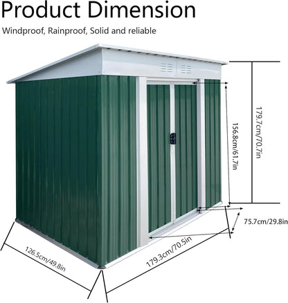 6x4 FT Outdoor Storage Shed with Sloping Roof, Waterproof Metal Garden Sheds w/Lockable Sliding Doors and Vents, Weather Resistant Tool Storage House for Backyard, Patio, Lawn, Green