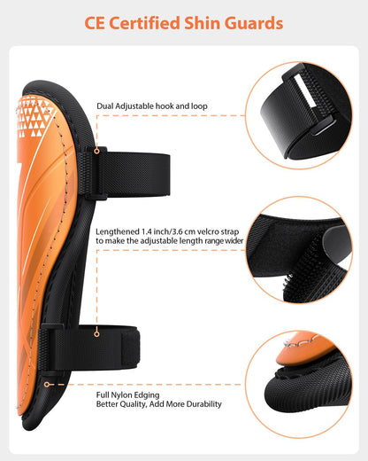 Shin Guards Soccer Kids Youth, CE Certified Airsfish Shin Guard Protection Gear for 2-18 Years Old Boys Girls Teenagers High Impact Resistant Breathable Comfortable 1 Pair 4 Sizes