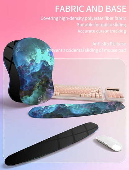 Hokafenle 2in1 Combination, Wave Keyboard Wrist Rest and Ergonomic Curvature Mouse Pad Wrist Support for Relieve Wrist Pain, Filled with Soft Cushion Memory Foam, Nebula Dreamland