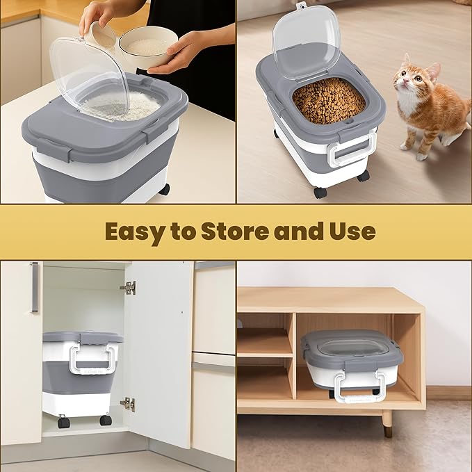 HOYTAMDA 20-30Lbs Rice Container,Collapsible Airtight Food Storage Containers with Wheels,Handle,Rice Storage Container with Small Bin and Scoop,Rice Dispenser for Flour Sugar Cereal Grain Dog Cat