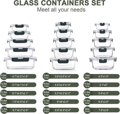KOMUEE 30 Pieces Glass Food Storage Containers Set, Glass Meal Prep Containers Set with Snap Locking Lids, Airtight lunch Containers for Microwave, Oven, Freezer & Dishwasher,Gray