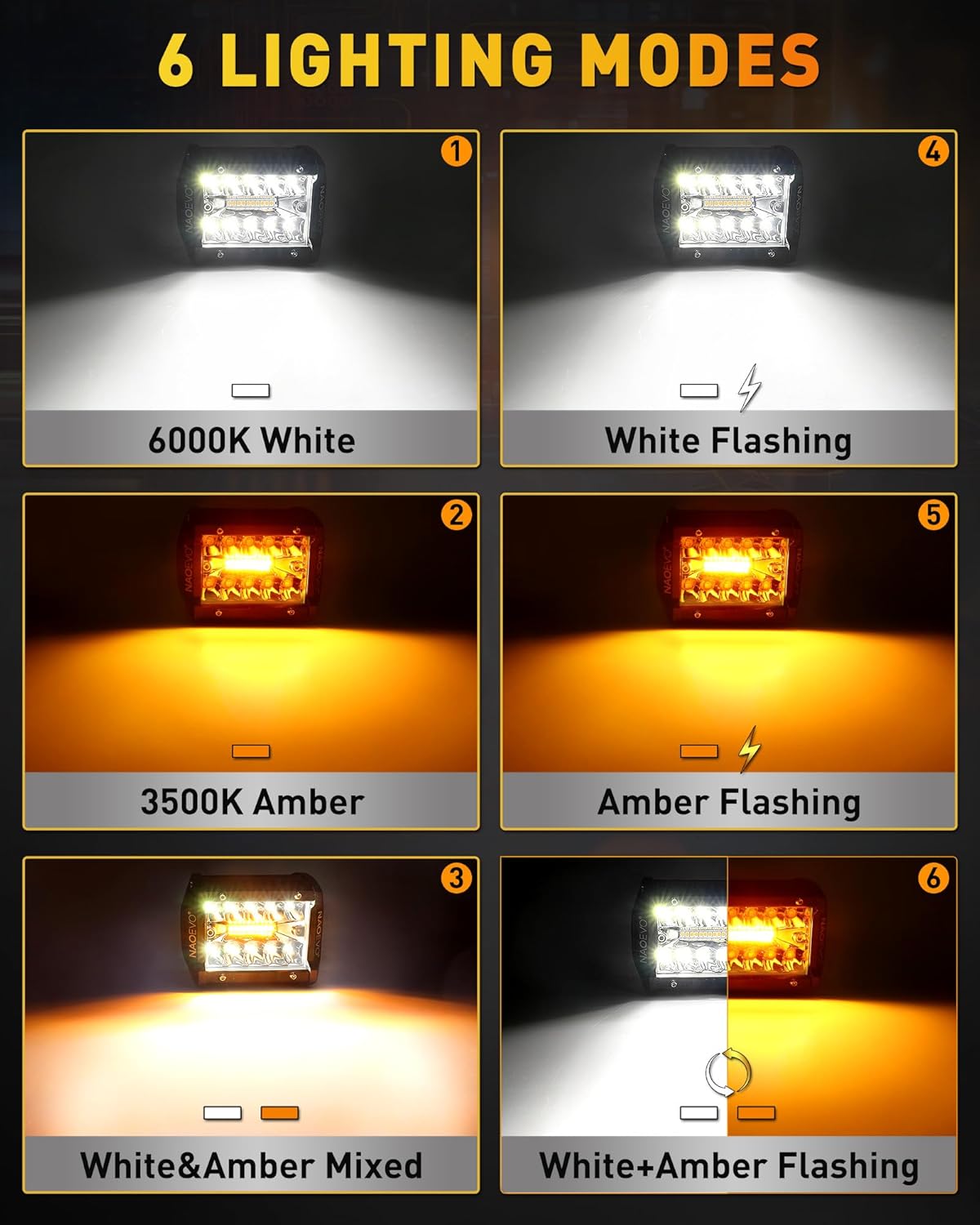 NAOEVO 4 Inch LED Pod Lights, White Amber LED Fog/Driving/Offroad Lights Strobe/Memory Mode and 2 Leads Wiring Harness, Cube Pods for Truck Boat ATV UTV, 2 Pcs (6 Modes)