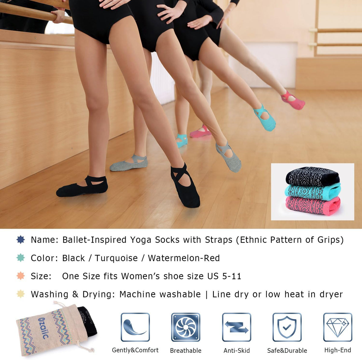 Ozaiic Yoga Socks for Women Non-Slip Grips & Straps, Ideal for Pilates, Pure Barre, Ballet, Dance, Barefoot Workout