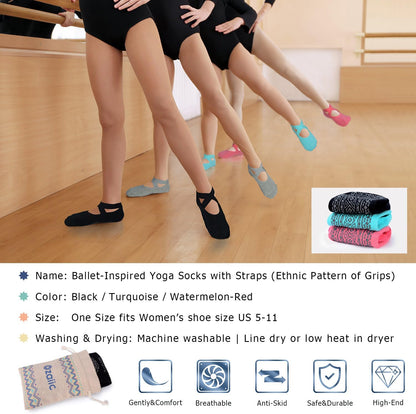 Ozaiic Yoga Socks for Women Non-Slip Grips & Straps, Ideal for Pilates, Pure Barre, Ballet, Dance, Barefoot Workout