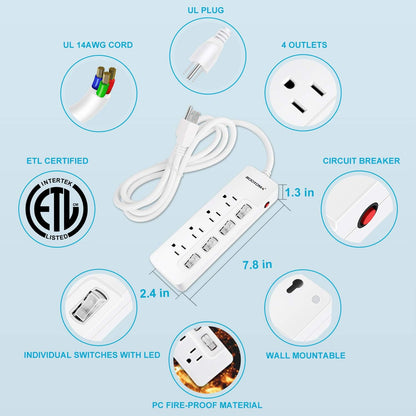 Appliance Extension Cord with Individual Switches on Off - 6 FT, 14 Gauge Heavy Duty Extension Cord with 4 AC Outlets, Wall Mountable, High Wattage for Microwave Workbench Garage Must Have, ETL Listed