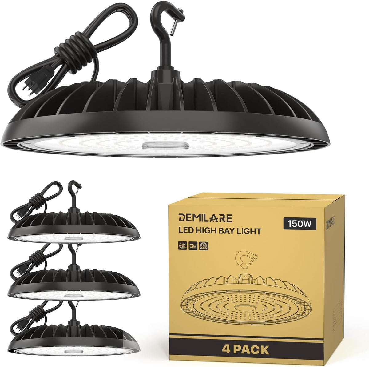 150W 4 Pack LED High Bay Light, 5000K, 22500 lm, IP65 Waterproof, Commercial Lighting for Warehouse, Workshop, Garage, Barn