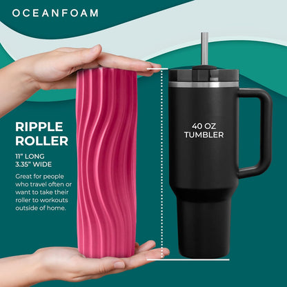 Oceanfoam Ripple Travel Foam Roller (11" x 3.35") Firm Mini Foam Roller for Physical Therapy, Deep Tissue Massage, Back Pain - High Density, Ergonomic Wave Textured, Yoga, Pilates, Exercise (Hot Pink)