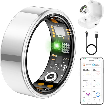Ring Health Tracker for Women Men, Fit Ring with Heart Rate, Blood Oxygen, Sleep Monitor, Calories, Step Counter, IP68 Waterproof Smart Ring for iPhone & Android, No Subscription Fee (Silver, 8#)