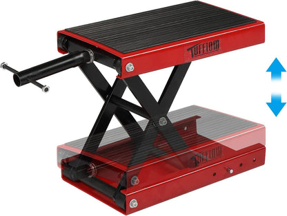 TUFFIOM 1100LBS Motorcycle Scissor Lift Jack，Height Adjustable with Rubber Top Surface & Safety Pin, Foldable Motorcycle Center Stand for Dirt Bike ATV, Red