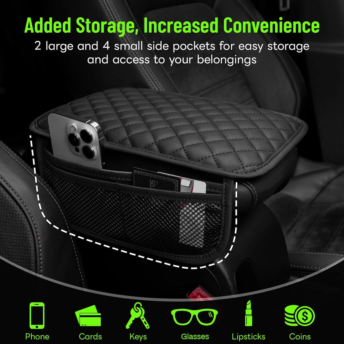 Car Center Console Cover with 6 Storage Pockets, Leather Car Arm Rest Cover Thickened Cushion, Universal Vehicle Armrest Pad Interior Protector, Black