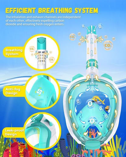 W WSTOO Kids Full Face Snorkel Masks,Suitable for Beginners Dry Top Snorkeling Gear,Can Your Mouth or Nose to Breathe,180 Degrees Panoramic View,Anti-Fog Anti-Leak,Summer Travel and Vacationing Gifts