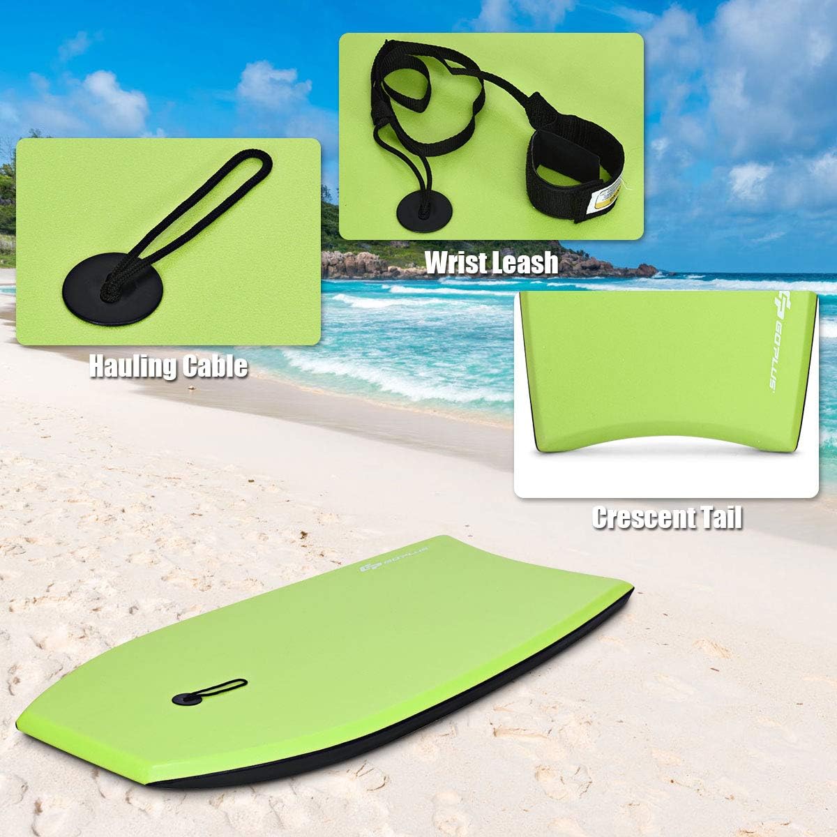 Goplus 41''/37''/33'' Lightweight Body Board for Beach, Surf Board with EPS Core, XPE Deck, HDPE Slick Bottom, Wrist Leash, Bodyboard for Kids Adults Surfing