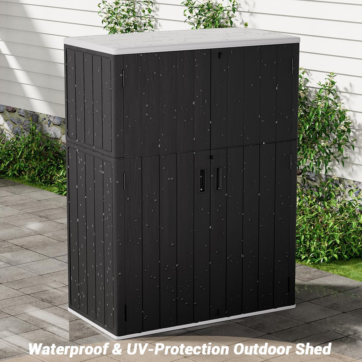 KINYING Outdoor Storage Cabinet Waterproof, 57 Cu.ft Resin Vertical Outdoor Storage Shed for Patio Furniture, Garden Tools, Pool Accessories, Mower Storage (Black)