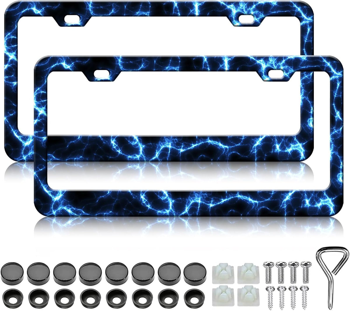Blue Lightning License Plate Frames - 2 Pack Cool Thunder Stainless Steel License Plate Holder,Rust-Proof Waterproof Car Decorative Tag Frame with Screws Fasteners Caps
