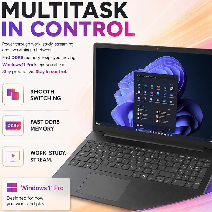 Lenovo V15 Ultra Slim College Student Laptop | 15.6" Anti-Glare FHD Display | Powerful Intel Quad-Core Processor | 8GB DDR5 RAM | 512GB SSD | Wi-Fi 6, Ethernet, HDMI, All-Day Battery | Windows 11 Pro